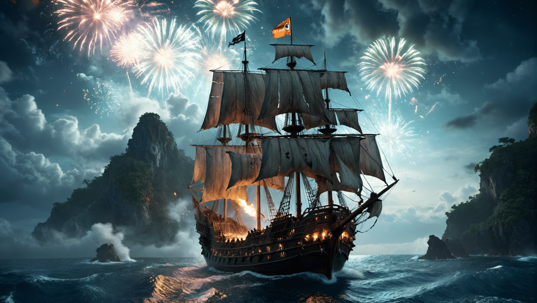 Dreimaster mit Piraten-Fahren bei Nacht mit Feuerwerk im Hintergrund