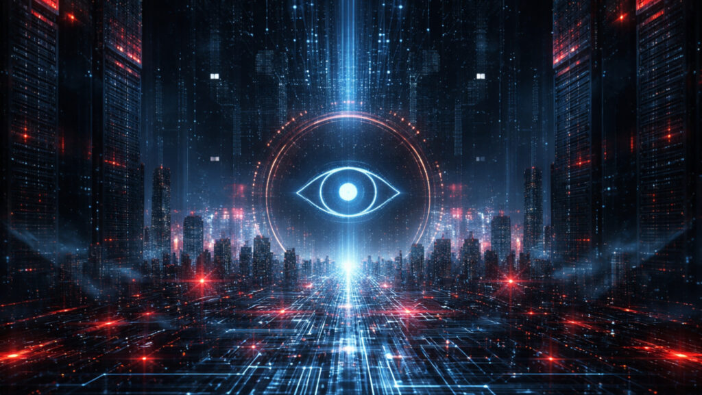 Abstraktes Bild der Überwachung einer Stadt im Dunkeln. Ein Auge schwebt über den Straßen.