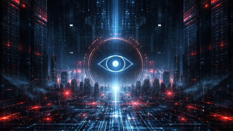 Abstraktes Bild der Überwachung einer Stadt im Dunkeln. Ein Auge schwebt über den Straßen.